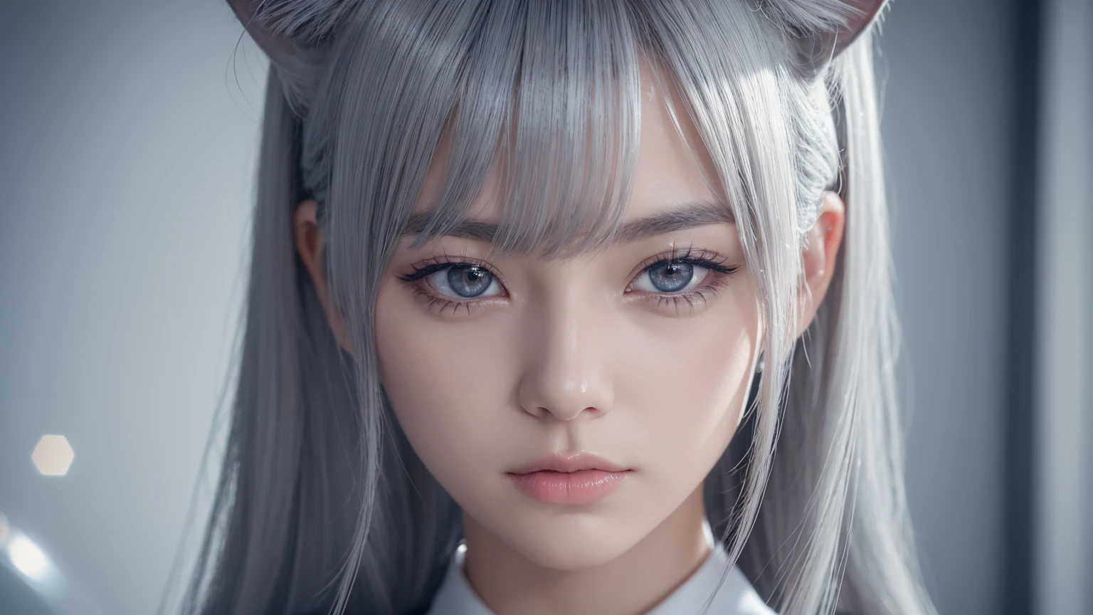 1girl,solo,grey eyes,silver hair,cat ears,school uniform,medium shot,highly detailed,photorealistic,best quality,8k,masterpiece,extremely detailed,intricate details,sharp focus,ultra-detailed,realistic lighting,cinematic lighting,beautiful detailed eyes,beautiful detailed lips,long eyelashes