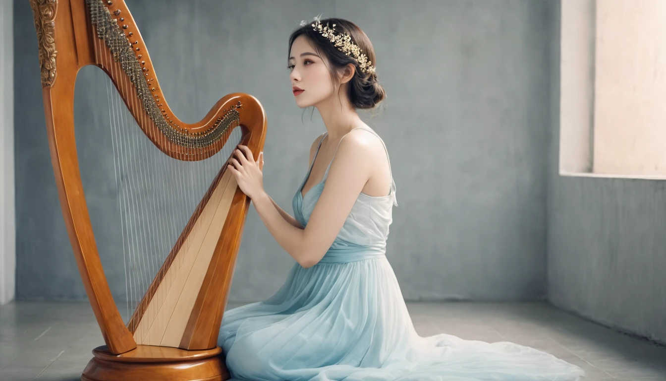 A beautiful woman with a harp and a beloved aura