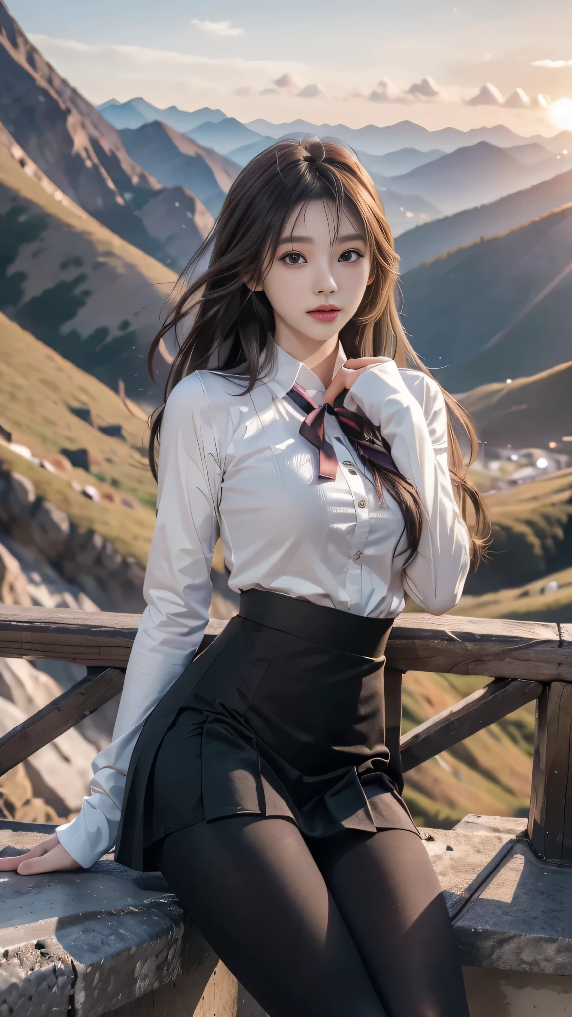 ulzzang-6500-v1.1, (RAW photo: 1.2), (Real photo), (Real photo: 1.4), 1 girl、Perfect anatomy、20 years old、Looking at the camera、Medium length hair、Uniform skirt, watching the sunset, ((in the mountains: 1.1))、(Hyperrealistic tights: 1.2), (Business service)、Asian eyes Ella,
