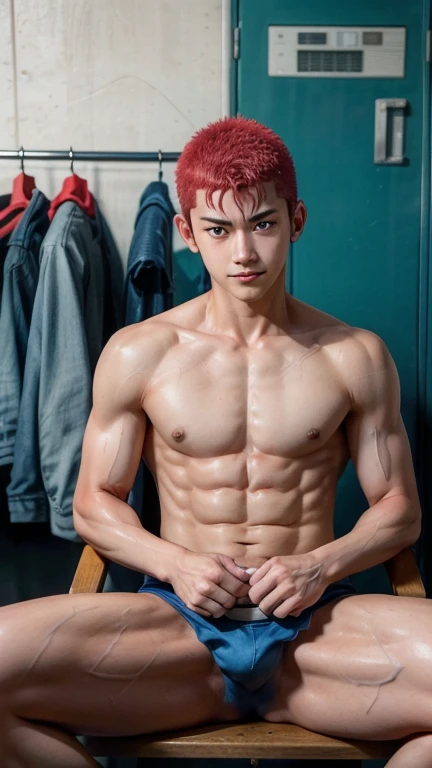 Japanese men、、Basketball Man、Muscles and smooth skin、Red shaved head、Relaxed and friendly smile、blue and yellow boxer briefs、The whole body is visible from toes to head、Changing clothes in the locker room