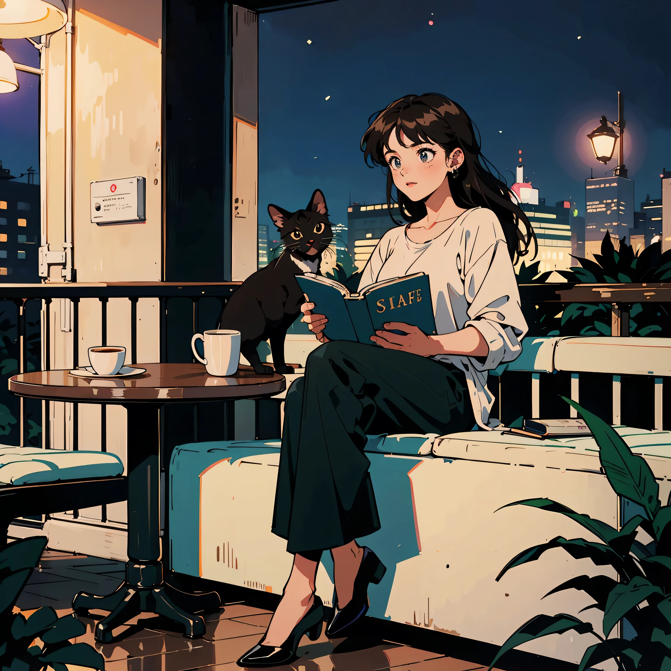 Highest quality, 8k, 1990s style,Hairstyles of the 2010s, 21 year old girl, Black Hair, Long Hair, Light brown eyes, City Pop, pants ,Night view, Wear headphones,Reading a book, whole body, Relax Coffee,table,making,look at me, Black cat, Cafe