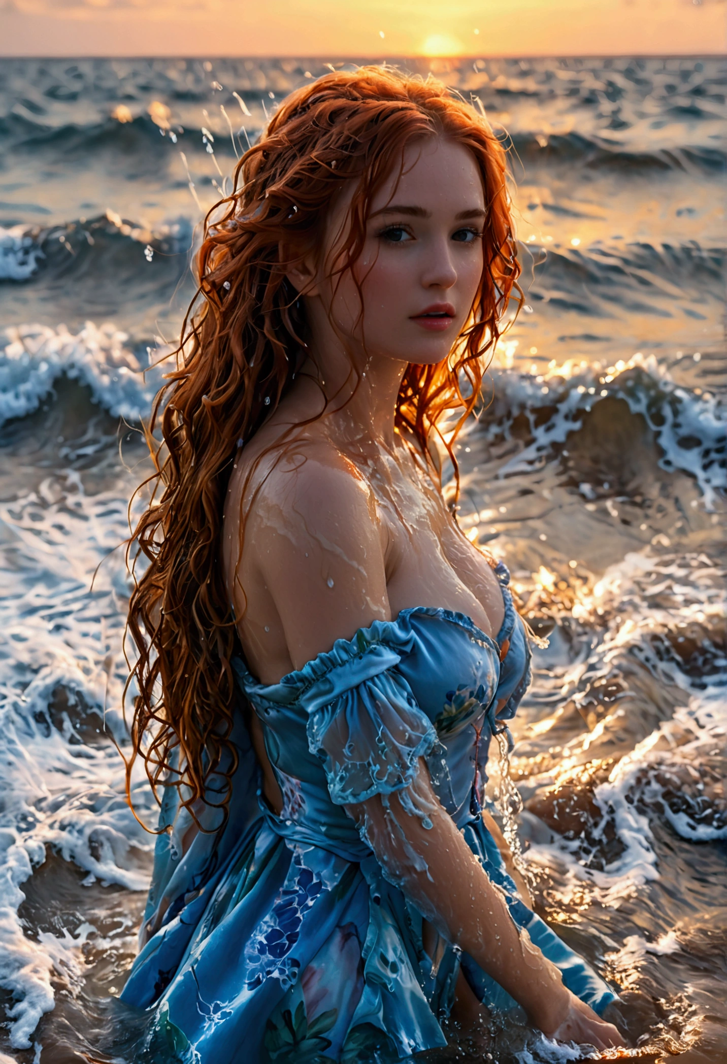 (full body shot:1) photorealistic image of a (walking pose:1) woman, ultrarealistic, photography, long red hair, woman, 24 years old, hourglass figure, perfect body, Flirty look, natural medium breasts, blur background, woman in a blue robe is walking into the sea, elegant, closeup fantasy with water magic,((waves)), beautiful maiden, wearing a robe made of water, cleavage, dripping wet, in water up to her shoulders, woman soaked by waves, nymph in the water, hyperrealist portrait in ocean, hyperrealistic fantasy photo, splashing, cute shot, narrow depth of field, portrait, sunset, 8k, drenched, ((soaked)), dripping water, heavy clothes, wet all over, wet dripping hair, pov shot, portrait, posing, twilight, red sun, sun glare, ((looking at viewer))