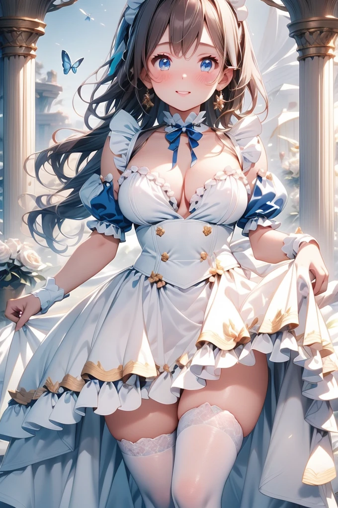 Arafed image of a beautiful girl dressed as a maid and white stockings posing for a photograph, anime girl, royal blue maid uniform with miniskirt and ruffles, short sleeves, choker with a blue bow, white apron, low-cut chest, large round breasts, colored inner hair, dark brown hair, bangs, long hair, ponytail, wavy hair, swept bangs, shiny hair, hairclip, hair ribbon, maid headdress, butterfly hair ornament, aqua eyes, glowing eyes, pupils sparkling, earrings, shy, blush, red lips, glossy lips, teeth, nose blush, embarrassed, (standing, modern mansion, skirt lift), full body, defined and perfect body, high detail, anime, anime style, chiaroscuro, depth of field, dithering, image fill, framed, wide shot, panorama, perspective, lens flare, Wide-Angle, f/1.8, 85mm, Nikon, 8k, super detail, UHD, retina, masterpiece, accurate, anatomically correct, high details, best quality, highres, 1080P, 16k