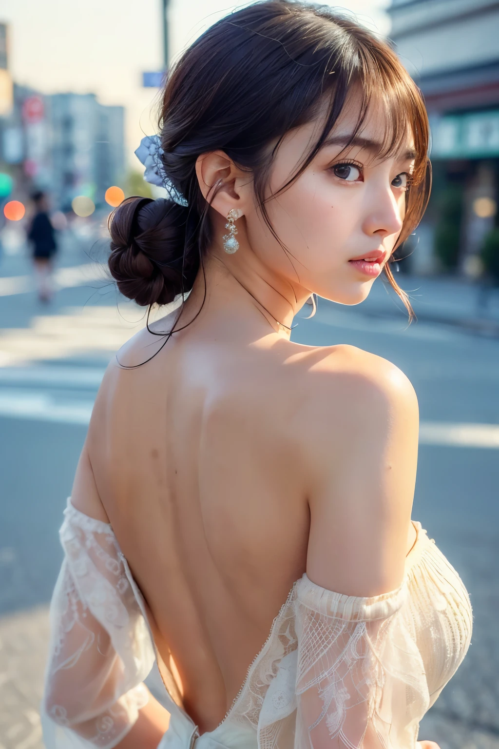 ((Realistic Sunlight, 8k, Top Quality, Masterpiece: 1.3)), Best Quality, Illustration, Ultra-detailed, finely detail, high resolution, 8K Wallpaper, Perfect dynamic composition, Beautiful detailed eyes, (Tight off-the-shoulder knit dress:1.3),((Big breasts)), Natural Color Lip, Random and sexy poses, Tokyo city, Walking, 20 years girl, sweaty skin:1.4, (beautiful detailed face and eyes:1.4),beautiful long hair, Highly detailed face and skin texture, Highly detailed lip texture, Beautiful detailed eyes, Raw Photo, ((Very Delicate and Cute Japanese Girl:1.4)), (1 girl)), Perfect Style, cleavage, necklace, earrings, realistic shadows, ((focus on back:1.6)),nsfw,(from behind:1.8), (looking away:1.5), ((arm behind head:1.5)), ((back shot:1.8)),