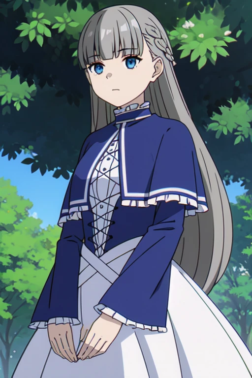 ((Bestquality))),((Ultra-detailed)),((illustration)),((Disheveledhair)),((frilld)),(1girl),(Solo), 1girl, bangs, blue eyes, blue sky, blunt bangs, braid, bush, capelet, closed mouth, day, dress, eyebrows visible through hair, field, forest, frilled dress, frilled sleeves, frills, grass, long hair, long sleeves, looking at viewer, mountain, nature, on grass, outdoors, plant, shading eyes, sky, solo, standing, tree, wide sleeves, grey hair, Wet, Damp clothes, wet clothes