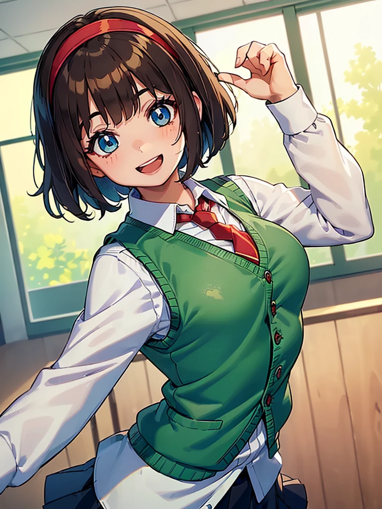 ((1girl)), ((short brown hair)), ((hairband)), ((blue eyes)), ((long sleeved white collared shirt)), ((green vest)), ((red necktie)), ((black skirt)), ((big happy smile)), ((medium breasts)), ((generic girly pose)), ((big happy smile)), ((energetic)), ((bangs)), ((Kawaii)), ((face close up)), ((White shirt)), ((green sweater vest)), ((red necktie)), ((cute art style)), (((anime)), ((eyelashes)), ((friendly smile)), ((open mouth)), ((school interior)), ((long sleeves)), ((green vest))