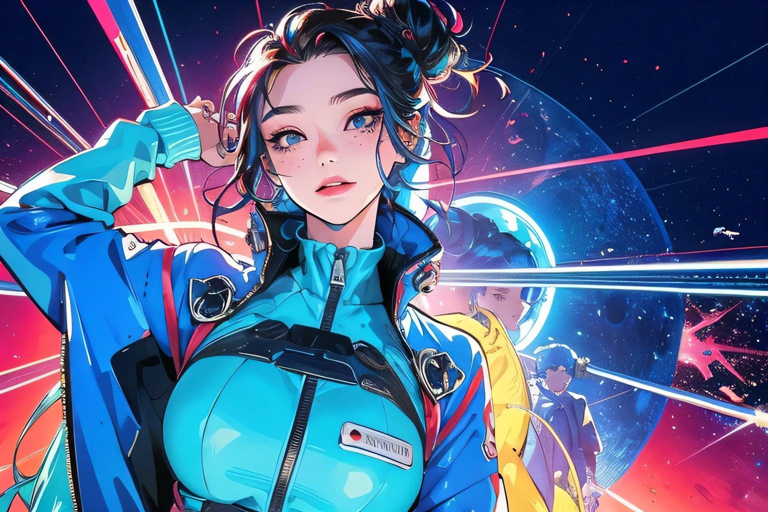 best quality, masterpiece, photographic reality, realistic, very detailed illustrations, beautiful eyes, perfect detail, best lighting, super complex details, ultra-detailed, Dynamic colors, Striking contrast, electric energy, beautiful asian woman, blue eyes, bright blue hair, messy bun hair, freckles, pale skin, big breasts, big smile, ((wearing spacesuit)), in spaceship, big landscape, ((halfbody)), (((synthwave)))