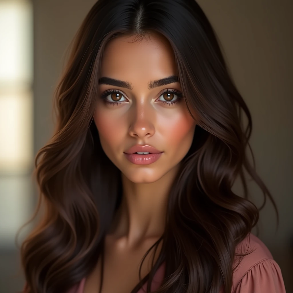 A beautiful young woman, arabe girl 26 years old, long wavy brown hair, detailed skin, normal skin, beautiful dark brown almond-shaped eyes, beautiful detailed lips, extremely detailed face, longeyelashes, elegant pose, natural lighting, warm color tones, portrait, photorealistic, 8k, best quality, masterpiece