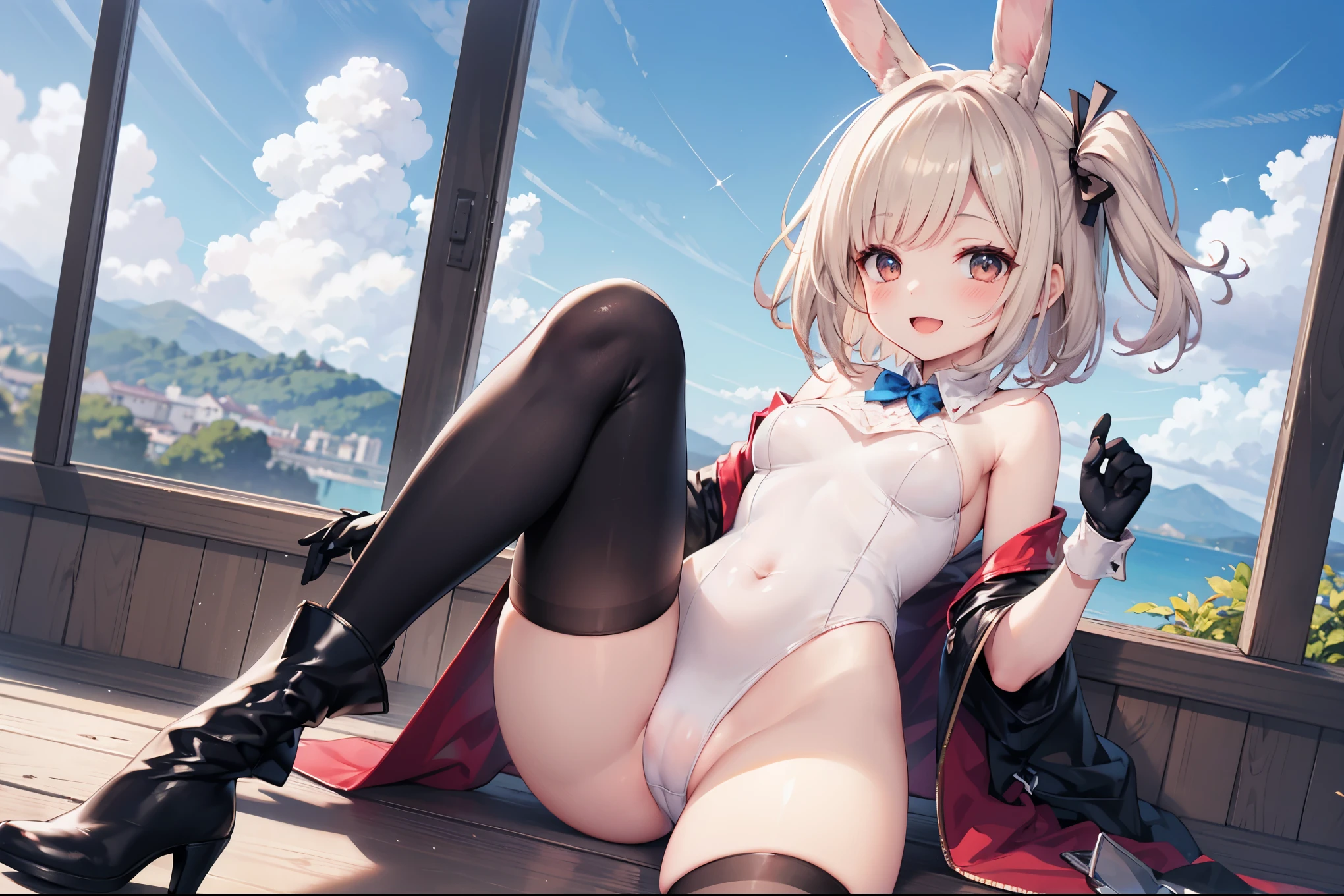 GRANBLUEfantasy,1ung_tegirl,brown_hair,medium_bob_hair,platina_blond_hair,white_leotard,covered_crotch,thigh-highs,smile,standing,bluesky_landscape_background,slightly_spread_legs,happiness, short_gloves ,solo, r18, navel,relicbuster,short,boots,open_mouth,sitting,knees,blush,shy,bunny_ears,piledriver,(crotch:1.3)