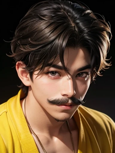 boy with wavy rainbow hair, Rainbow eyes , brown skin, broad and thick moustache, cute asian boy, boy with a beautiful face, Realistic anime style, boy looking like a kpop idol, wearing a yellow cloth