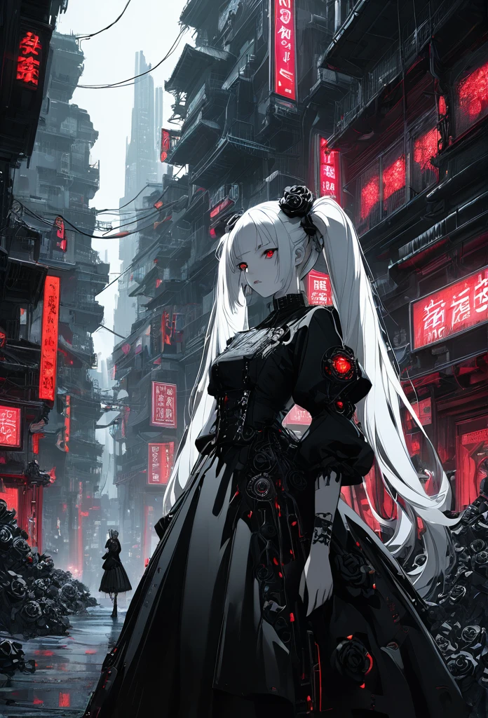 A picture of a girl walking through a cyberspace Chinatown.Chinatown is lined with tall buildings .Electric wires connect many buildings,.a beautiful girl with long red twin tails, red eyes, wearing a gorgeous black and white gothic ****ta dress in a cyberpunk style, with many visible mechanisms and red neon lights shining from the clothes, against a pure white background with many black roses, in a bewitching pose, 1girl, robot style black and white barrette, (Landscape paintings with a focus on the background:1.5),(best quality,4k,8k,highres,masterpiece:1.2),ultra-detailed,cyberpunk,gothic ****ta,intricate details,ornate,dramatic lighting,fine details,mechanical,red neon,black roses,high fashion,elegant,alluring,captivating