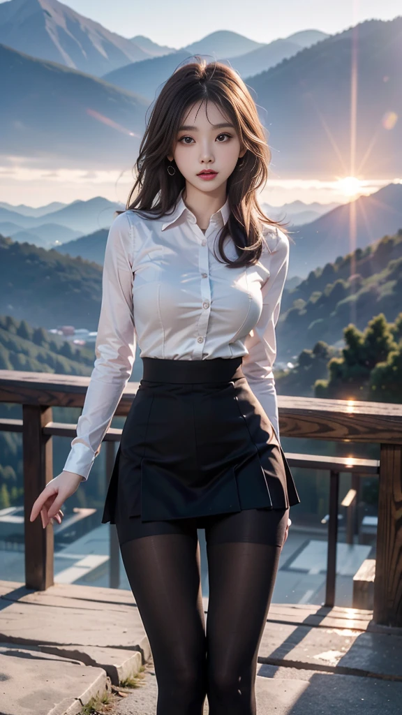 ulzzang-6500-v1.1, (RAW photo: 1.2), (Real photo), (Real photo: 1.4), 1 girl、Perfect anatomy、20 years old、Looking at the camera、Medium length hair、Uniform skirt, watching the sunset, ((in the mountains: 1.1))、(Hyperrealistic tights: 1.2), (Business service)、Asian eyes Ella,