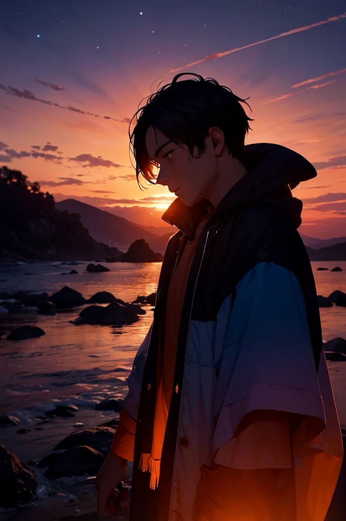 A photograph capturing the ethereal beauty of twilight, as the sun dips below the horizon and the moon rises in the night sky. The man in the center of the image, a silhouette against the gradient of colors, appears lost in contemplation. On the left, the moon's soft light bathes the sky in a cool, ethereal blue, interspersed with a few bright stars. On the right, the last vestiges of the sun's fiery glow paint the sky in warm hues of orange and red, creating a dramatic contrast. The air is filled with a sense of quiet wonder and anticipation, as day gives way to night.