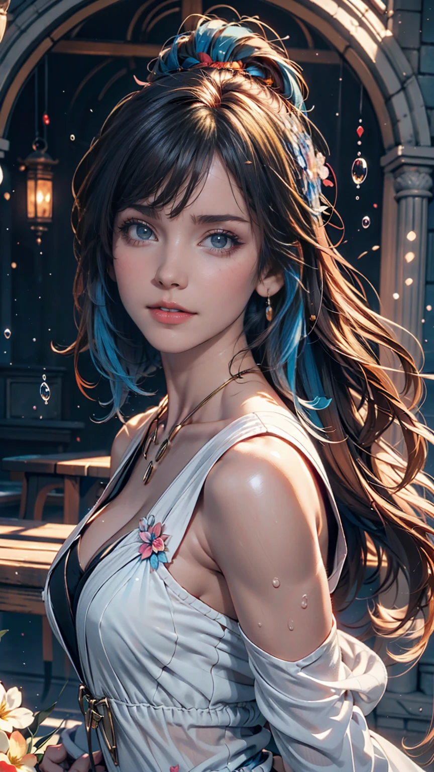 (masterpiece), (Highest quality), (Super Detail), (Disheveled Hair), (figure), (One Girl), (Fashionable clothes), Are standing, Fashion Model, Viewer, (interview), (Simple Background), Beautiful and beautiful eyes, Delicate and beautiful face, floating, (High saturation), (Colorful Splash), Colorful Bubbles, (Shine), Focus on the face, ponytail, Light blue hair, bangs, Hair Ring, floating Flowers, floating Hairs, (The Shining), Best lighting, Best Shadow