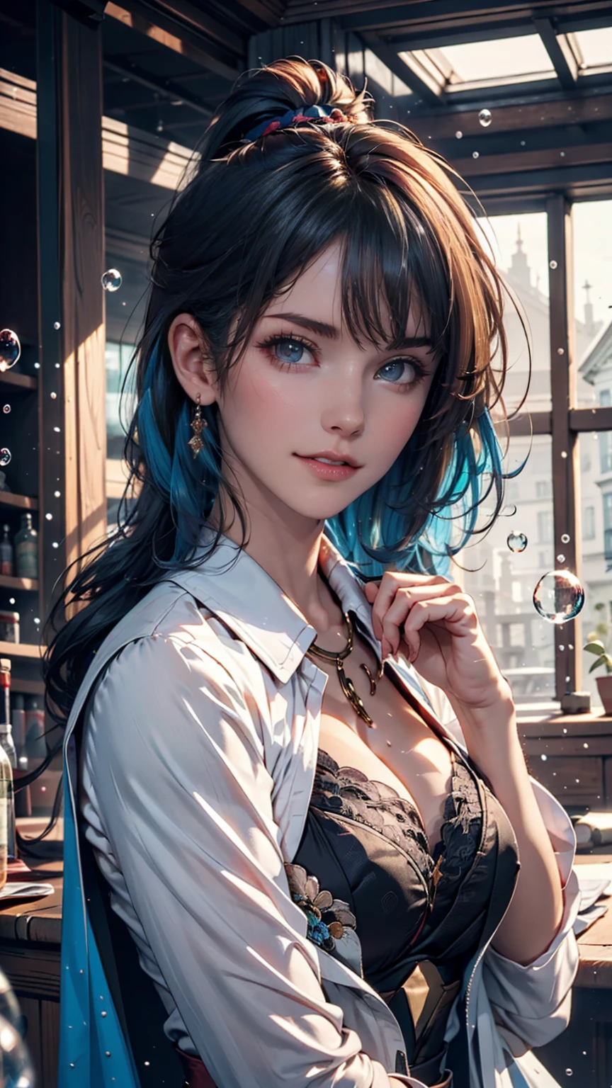 (masterpiece), (Highest quality), (Super Detail), (Disheveled Hair), (figure), (One Girl), (Fashionable clothes), Are standing, Fashion Model, Viewer, (interview), (Simple Background), Beautiful and beautiful eyes, Delicate and beautiful face, floating, (High saturation), (Colorful Splash), Colorful Bubbles, (Shine), Focus on the face, ponytail, Light blue hair, bangs, Hair Ring, floating Flowers, floating Hairs, (The Shining), Best lighting, Best Shadow