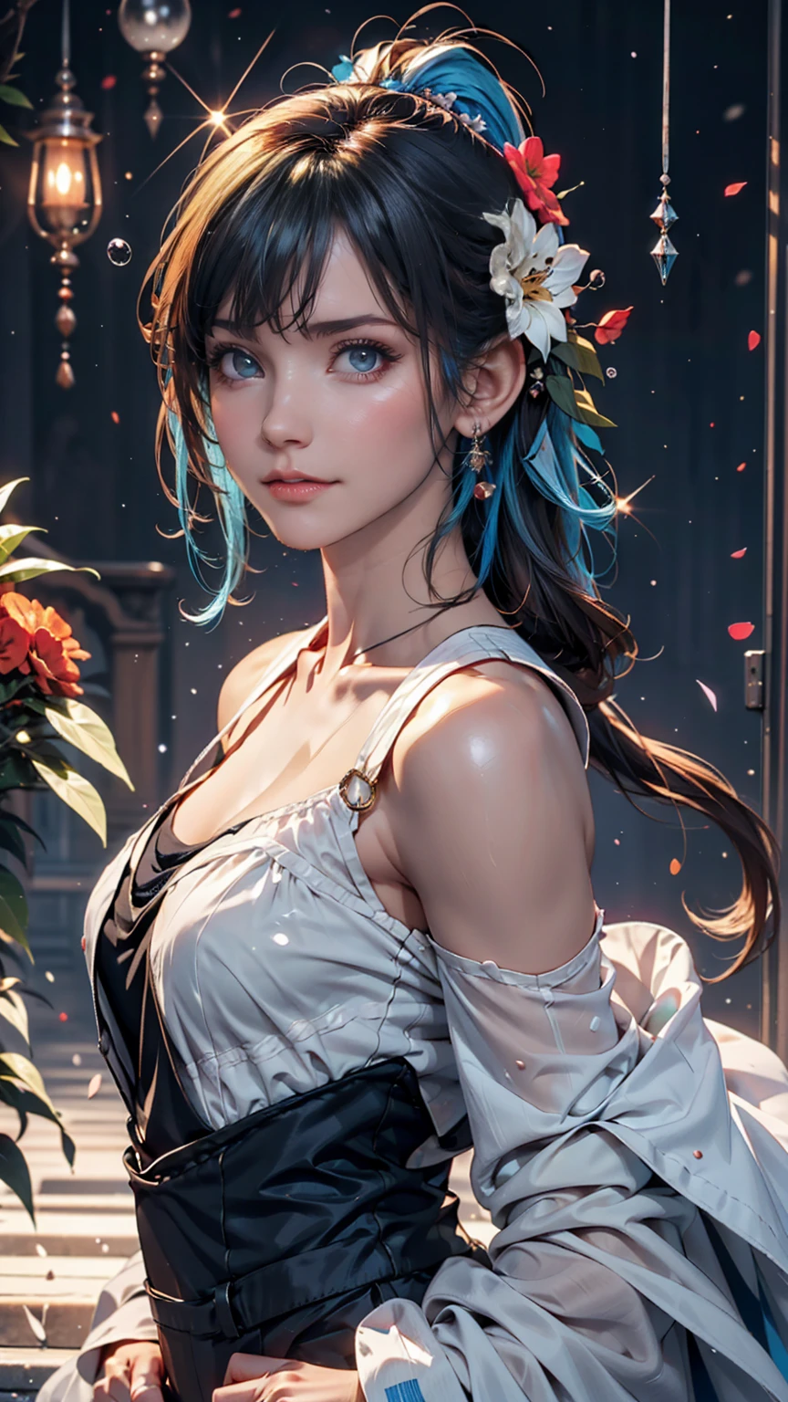 (masterpiece), (Highest quality), (Super Detail), (Disheveled Hair), (figure), (One Girl), (Fashionable clothes), Are standing, Fashion Model, Viewer, (interview), (Simple Background), Beautiful and beautiful eyes, Delicate and beautiful face, floating, (High saturation), (Colorful Splash), Colorful Bubbles, (Shine), Focus on the face, ponytail, Light blue hair, bangs, Hair Ring, floating Flowers, floating Hairs, (The Shining), Best lighting, Best Shadow