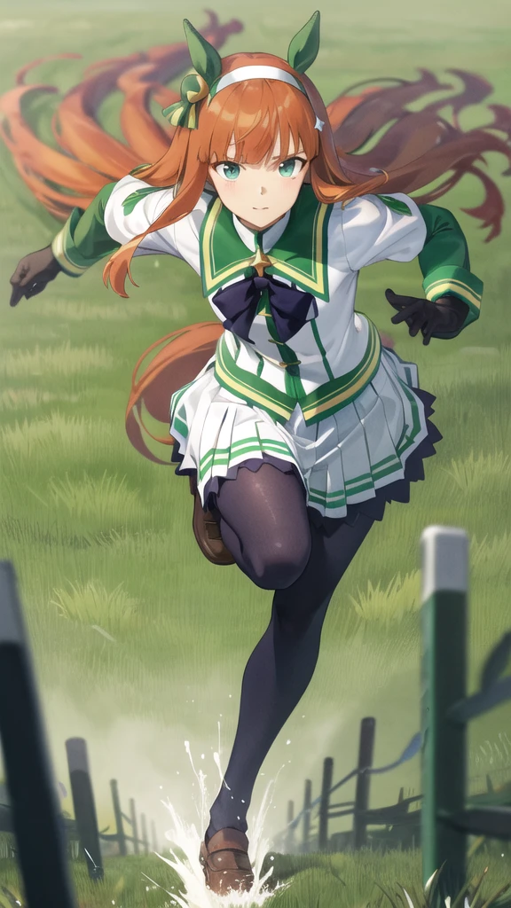 masterpiece, Highest quality, close, Face shot, Silence Suzuka \(umamusume\),Black gloves, White Skirt, Pleated skirt, Black Pantyhose, Layered sleeves, puffy short sleeve, Short or long sleeves, Black Bow, running, Flowing Grass,