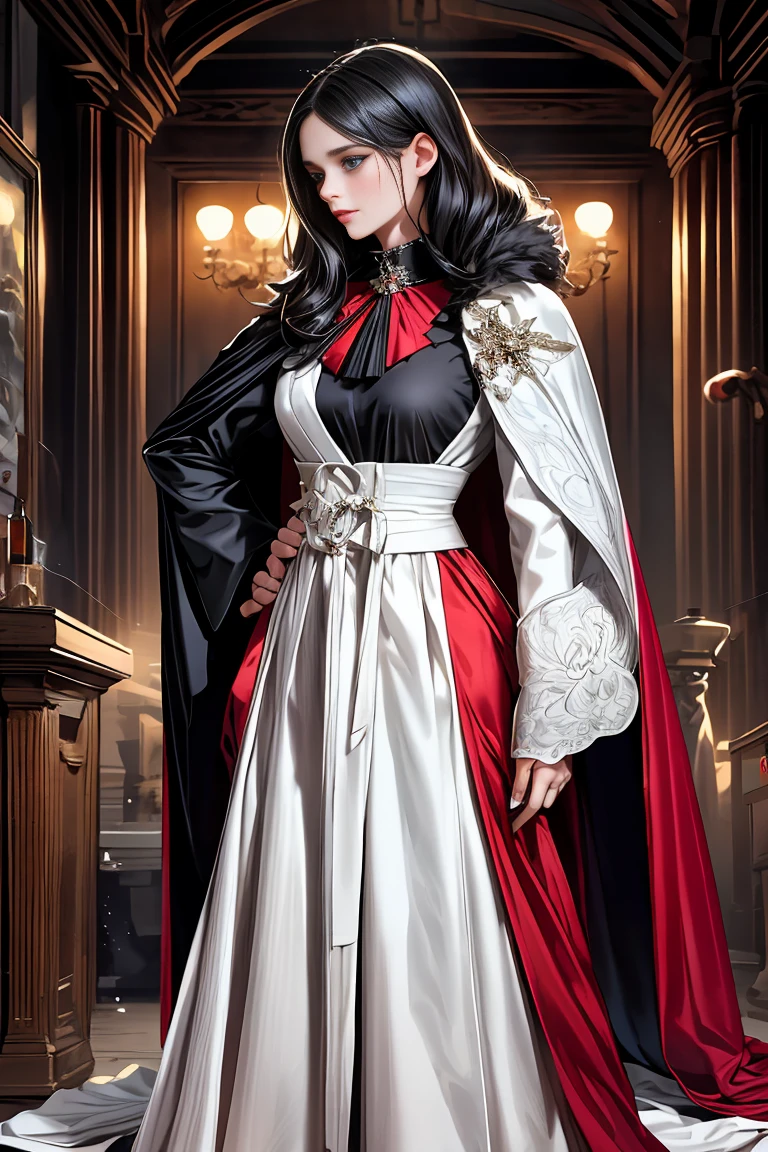 masterpiece, 最high quality, high quality, 1 girl, alone, Female focus, Watching the audience, Messy black hair, Adorable big blue eyes, White, Noble, Noble,A sexy, voluminous, puffy cape、tuxedo、A very voluminous, large, very large, very large, long, long red and black cape with a high stand-up collar, made of a lot of fabric that reaches down to the floor., 17 years old,Cute beautiful girls,Cute, cute, kind, pretty girl