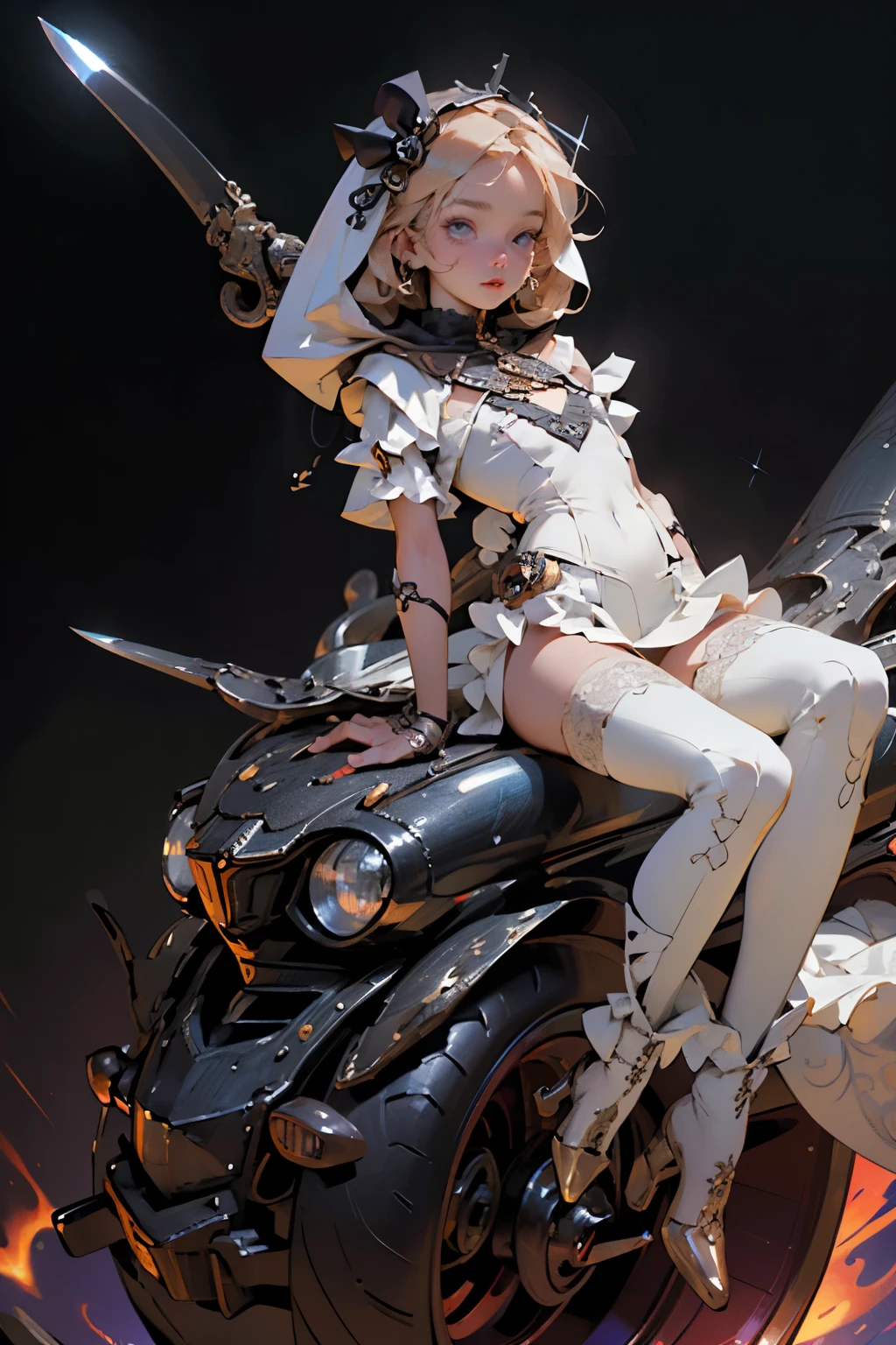 (((masterpiece, of the highest quality, super detailed))), (a female knight of an occult order), ((((wielding a sword with a digital glitch-like effect to the blade as though it is rapidly flickering in and out of reality with a very slight warping effect around it similar to gravitational lensing)))), Edwardian/Victorian era inspired, ((minimal but intricate beautiful armour)), Fluttering lace flared dress with frilly petticoats, ((((Highly detailed face))), (((Very sharp focused eyes))), very long eyelashes, small breasts, (((flat chest:1.1))), occult aesthetic, (red and white clothing detailed and intricate steampunk and detailed gothic), (with a hood), complex lace boots
