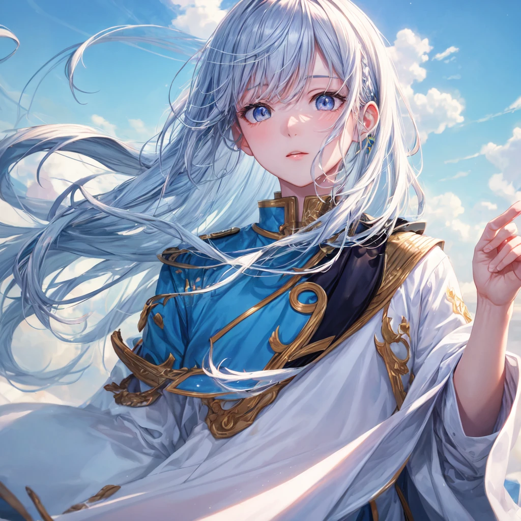 ((best quality)), ((masterpiece)), (detailed), A husband boy , with long White aad blue hair and pinkish skin. , striking silver eyes. , a sky-blue coat ,cute , white shirt , The background is a sky tian.