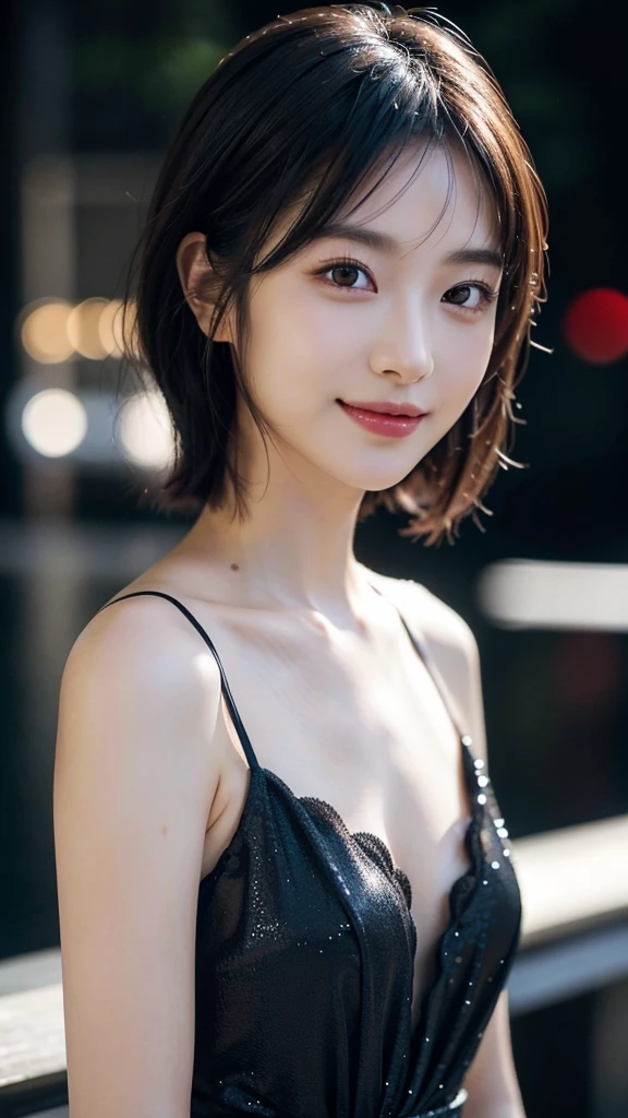 hamabeminami,(Wearing a black sparkly dress),(RAW Photos, Highest quality), (Realistic, photo-Realistic:1.4), masterpiece, Very delicate and beautiful, Very detailed, 2k wallpaper, wonderful, In detail, Very detailed CG unity 8k wallpaper, Very detailed, High resolution, Soft Light, Beautiful detailed girl, Very detailed eyes and face, Beautifully detailed nose, Beautiful attention to detail,Cinema Lighting,City lights at night,Perfect ???????,Slender body,short hair,smile,
