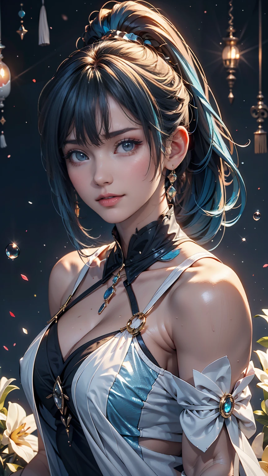 (masterpiece), (Highest quality), (Super Detail), (Disheveled Hair), (figure), (One Girl), (Fashionable clothes), Are standing, Fashion Model, Viewer, (interview), (Simple Background), Beautiful and beautiful eyes, Delicate and beautiful face, floating, (High saturation), (Colorful Splash), Colorful Bubbles, (Shine), Focus on the face, ponytail, Light blue hair, bangs, Hair Ring, floating Flowers, floating Hairs, (The Shining), Best lighting, Best Shadow