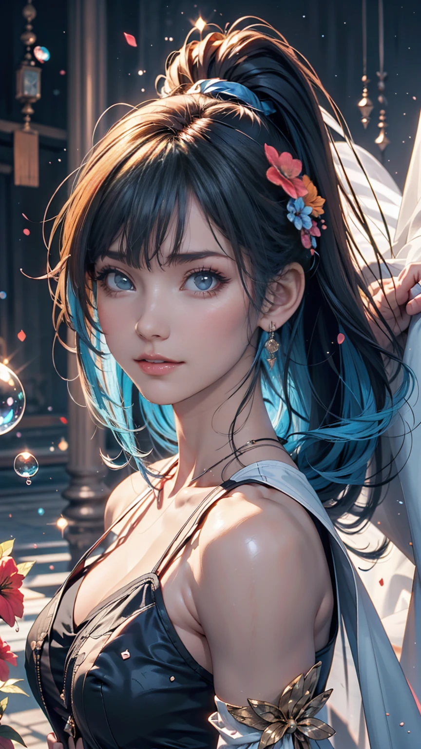 (masterpiece), (Highest quality), (Super Detail), (Disheveled Hair), (figure), (One Girl), (Fashionable clothes), Are standing, Fashion Model, Viewer, (interview), (Simple Background), Beautiful and beautiful eyes, Delicate and beautiful face, floating, (High saturation), (Colorful Splash), Colorful Bubbles, (Shine), Focus on the face, ponytail, Light blue hair, bangs, Hair Ring, floating Flowers, floating Hairs, (The Shining), Best lighting, Best Shadow