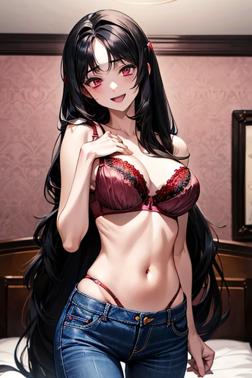 Very detailed、highest quality、Best image quality、masterpiece、8k、Anime Face、A kind smile、Open Mouth、((black long hair:1.5))、huge breast, sexy、 beautiful body 、Cowboy Shot, Sexual Intercourse, ((pink eyes)), hotel bedroom, ((( Jeans))), ((((red bra))))