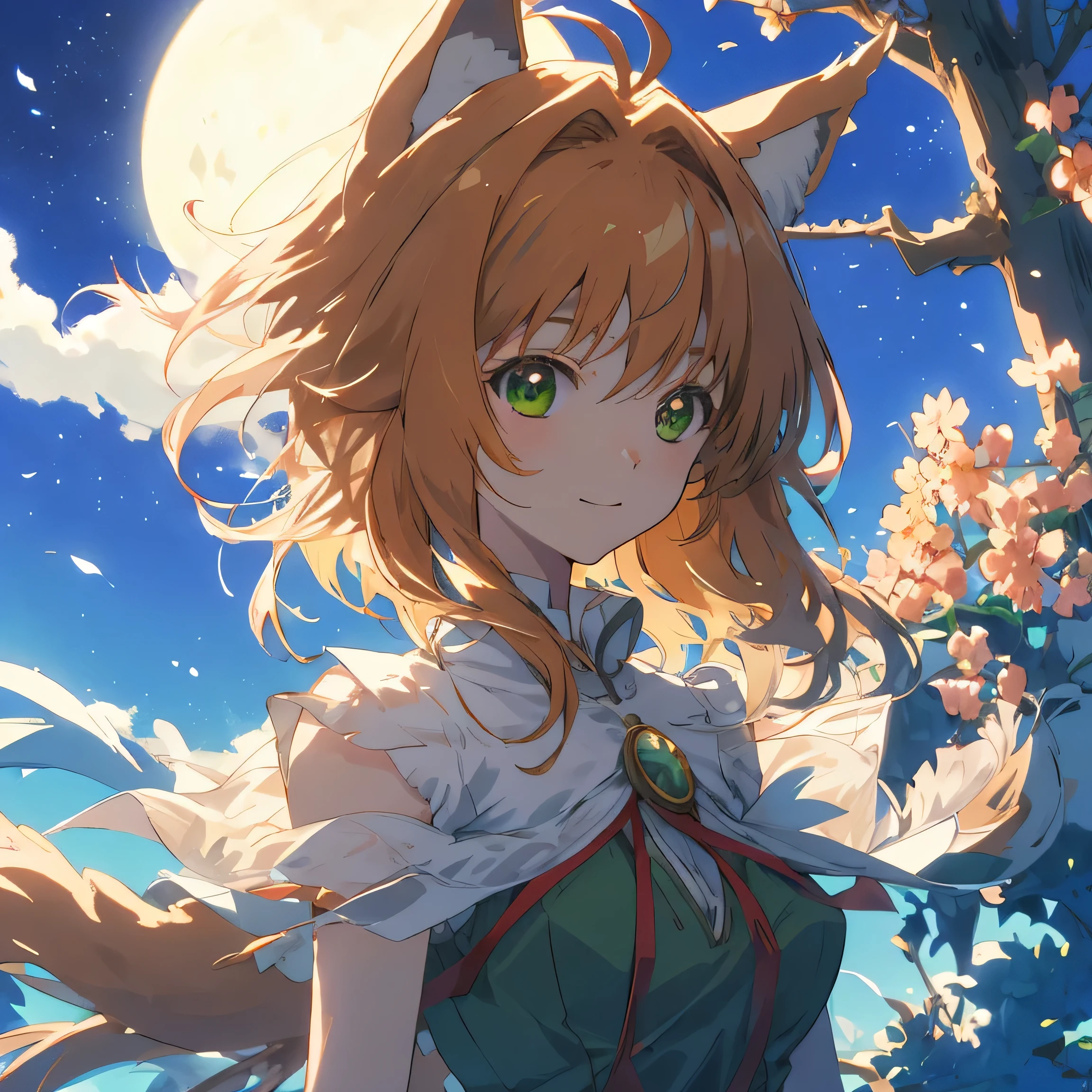 master piece, Best Quality, A high resolution, top-quality, Anime style, The best lighting, Beautiful face, kinomoto sakura, 1woman, tall, 30 years old, large breasts, light brown hair, very Short hair, shoulder length hair, Antenna Hair, Green eyes, frills, dynamic angle, wolf ears and tail, confident smile, vibrant colors, green meadows, , looking at viewer, moonlit summers night, full moon, in front of moon,