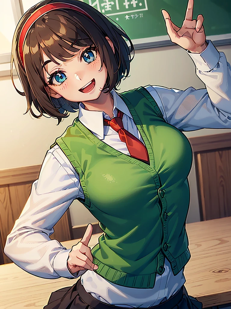 [1girl, 1girl, nice nature \(umamusume\), umamusume], (throw_hand, pink vibrator remote switch in throw_hand, throw:1.2), Highest quality, Super detailed, masterpiece, Ultra-high resolution, 8K, Ridiculous, Cowboy Shooting, Blurred, One girl, Focus on the girl, Embarrassing, blush, Lovely, Close one eye, With tears in her eyes and her mouth open, What saliva leaves behind, Wet skirt hem, (Sticky panties:1.1), Bulging of the vibrator cord, Vibrator with Garters, (cleavage), Classroom Background, The skirt is accidentally exposed,(large breasts), (crop top navel), (waist line), Accidentally exposed panties
