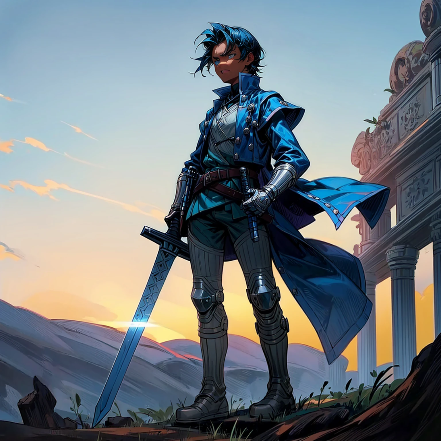 Solo character, full body version, young boy, blue eyes, blue color hair, short haircut, soldier roman clothing, boots, outdoor, town, ancient roman, twilight sky, detailed background, angry eyes, sword in hand, standing guard gesture, detailed background, detailed clothing, detailed hair, detailed face 