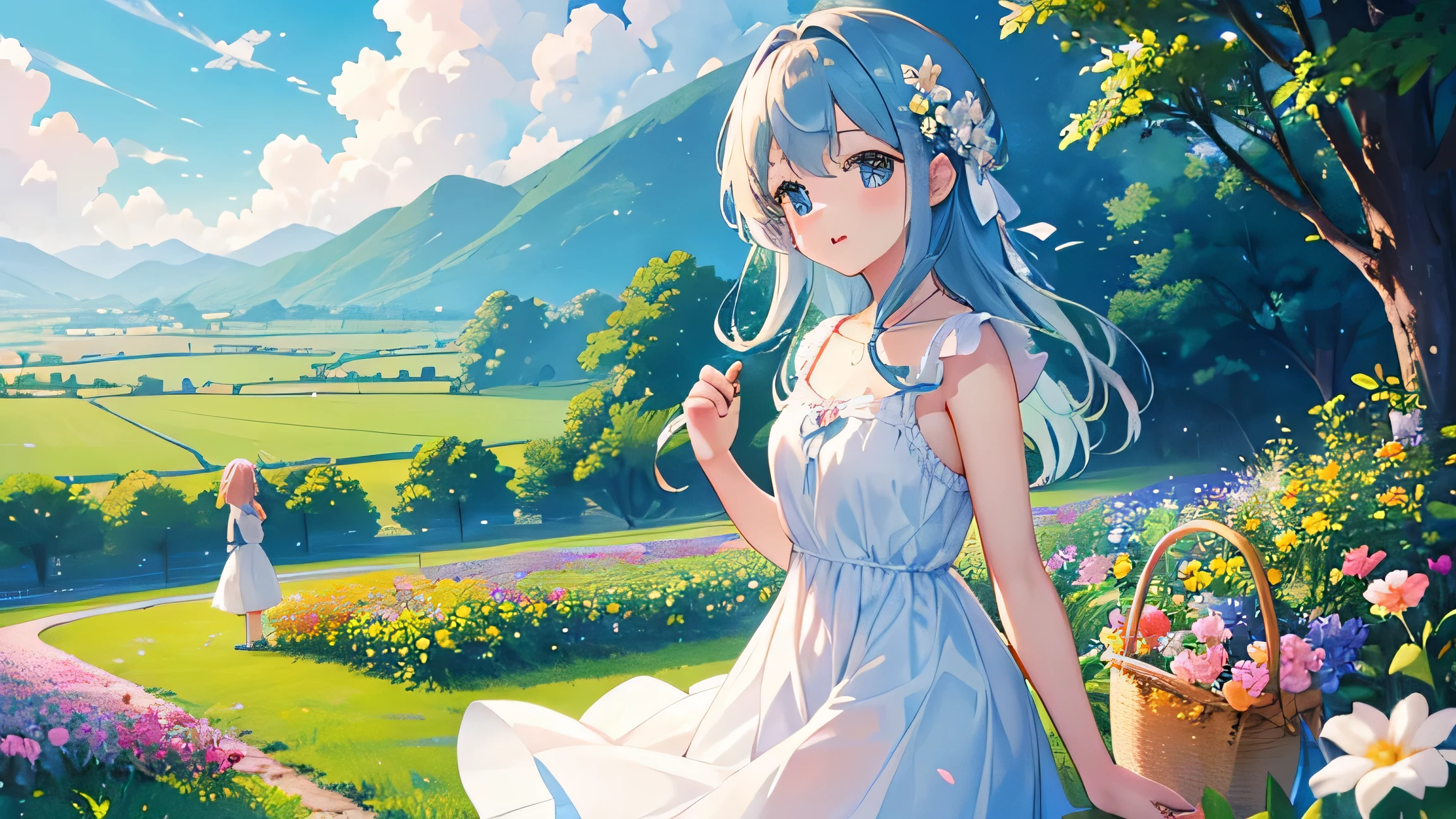 masterpiece、Highest quality、Cute Girls、White sundress suits you、 Looking around with excitement and curiosity。She has a picnic basket。The soft morning sunlight shines into the flower garden。The flower fields spread、In the distance you can see blue sky and small hills。