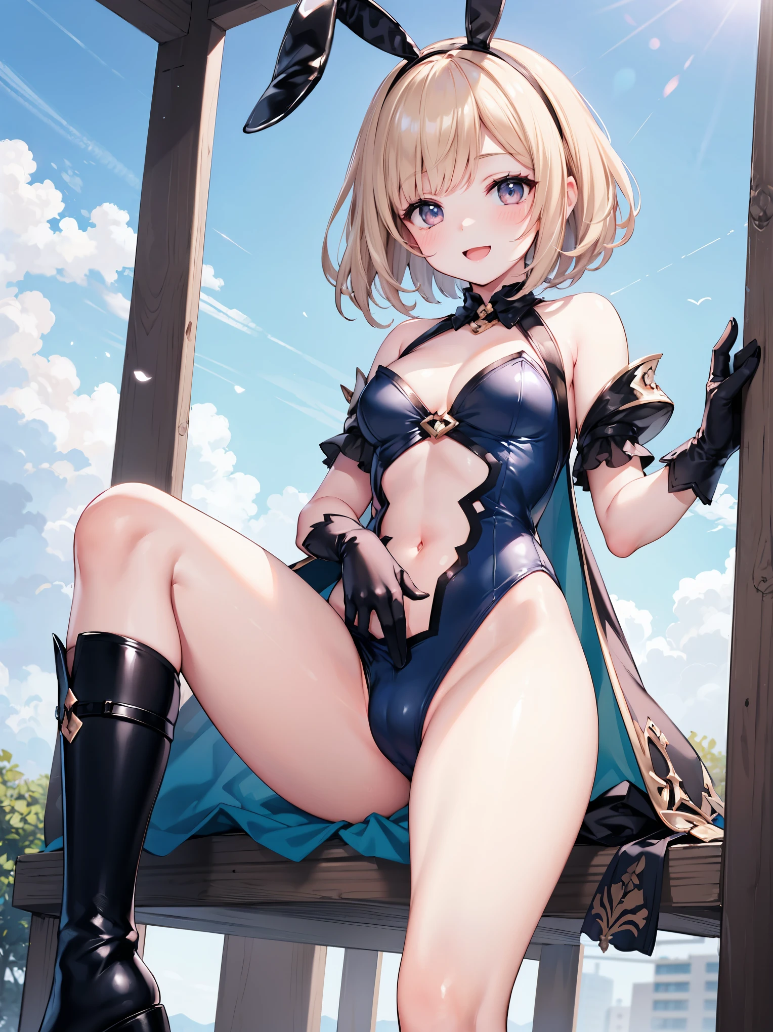 GRANBLUEfantasy,ung_teeirl,brown_hair,medium_bob_hair,platina_blond_hair,white_leotard,covered_crotch,thigh-highs,smile,standing,bluesky_landscape_background,slightly_spread_legs,happiness, short_gloves ,solo, r18, navel,relicbuster,short,boots,open_mouth,sitting,knees,blush,shy,bunny_ears,piledriver,(crotch:1.3)