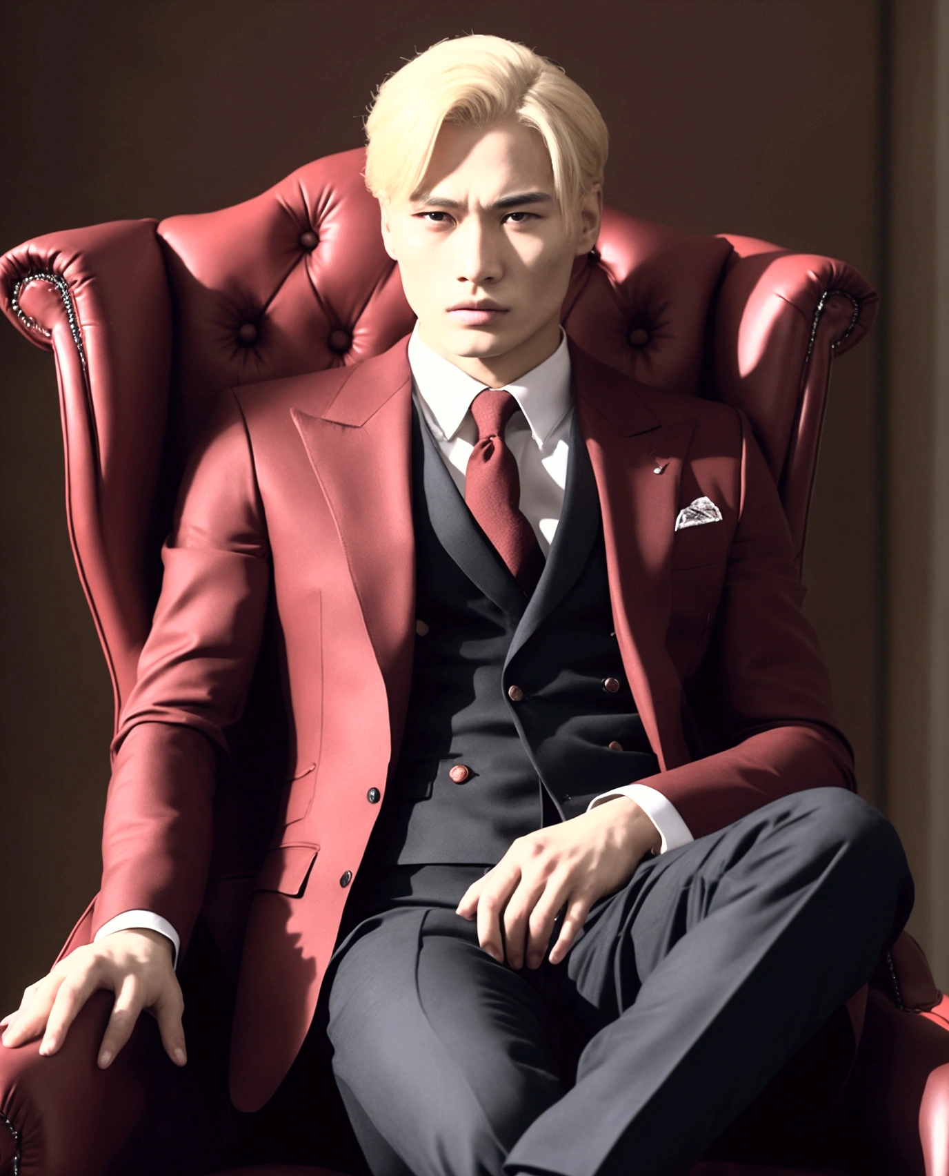 ４ｋ、Super Resolution、More realistic、Mafia Boss、Blonde、Burn scars on the right side of his face、Red bean-colored suit、sitting with one&#39;s legs crossed in a plush chair、
He has a cigarette in his right hand、
