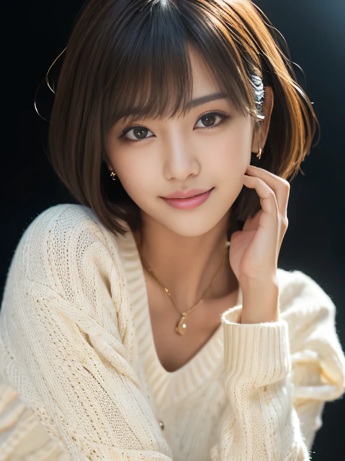masterpiece, best quality, ultra-detailed, intricately detailed hyperdetailed, realistic, sharp features, highly detailed, sharp focus, 19years old, perfect face, perfect face, perfect symmetrically perfect eyes, perfect full lips, flexible female form, cinematic, film light, hyper detailed, hyper realistic, high resolution, vibrant, dynamic studio lighting, ((Dark background)), (seductive smile), short hair, straight Bangs, brown Eyes, White sweater, cowboy shot,