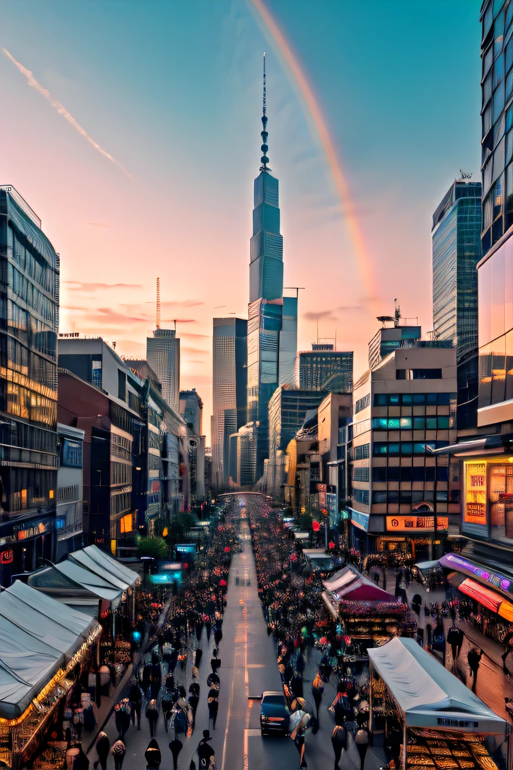 Create an image of a futuristic city with flying cars and skyscrapers in a neon style with a busy street market full of pedestrians, futuristic gadgets and devices and the police chasing a fugitive, against the backdrop of a rainbow and sunset in the sky.
