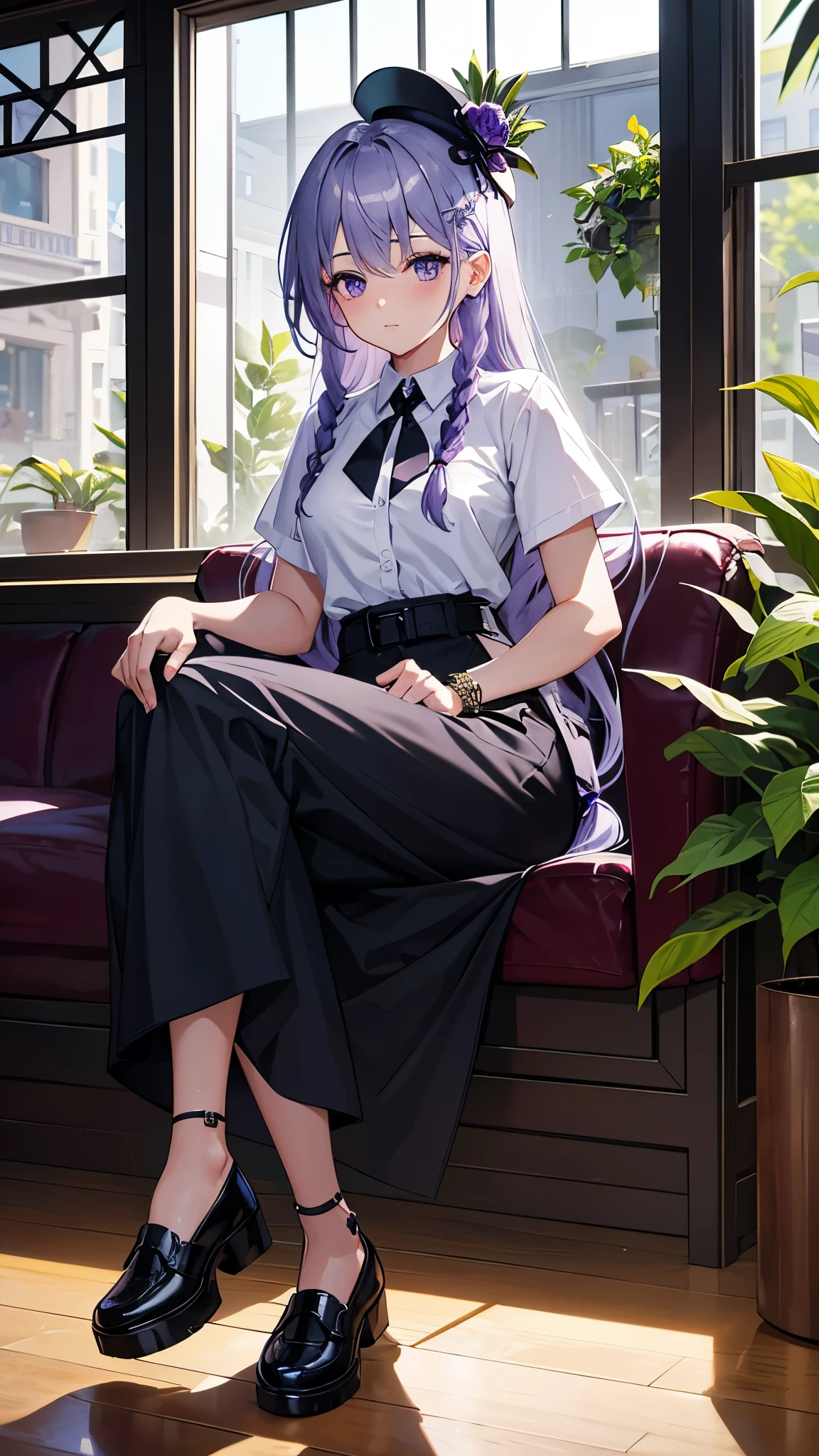 Hair is Light lavender hair, styled in a side braid with loose strands framing the face, featuring star-shaped hair clips on the left side. The character is wearing a black fedora hat. Eyes is Large, expressive purple eyes with star-shaped reflections. Skin is Fair complexion with a soft blush on the cheeks. Top is White cropped shirt with short sleeves, featuring a black floral design on the right side, and a black necktie loosely tied around the neck. Bottom is High-waisted, loose-fitting white pants with multiple pockets and a black belt. Accessories are Multiple silver bracelets on both wrists. Footwear is White sneakers.
Background is Inside a modern café with large glass windows, wooden floors, and indoor plants.