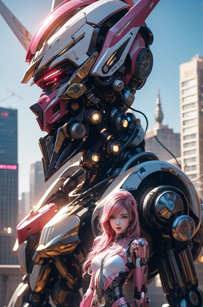 (RAW shooting、highest quality、masterpiece)、(genuine、photogenuineistic)、(Super detailed)、Very detailed CG、8K、アンgenuineエンジン、3D rendering、beautiful mechanic、((high contrast))、(High chroma)、(sharpness)、((very delicate and beautiful))、reflected light、highly detailed background、(cyber punk、machine city、future city)、 ((anatomically correct))、one woman、pink hair、shortcut、beautiful and delicate hair、(detailed beautiful eyes、detailed beautiful face)、highly detailed skin、((very shiny skin、juicy skin))、gloves、Red metallic painted cyber suit、very shiny surface、cleavage、((cowboy shot))、bicycle、combat vehicle、combat mecha、action pose、fighting pose、model pose