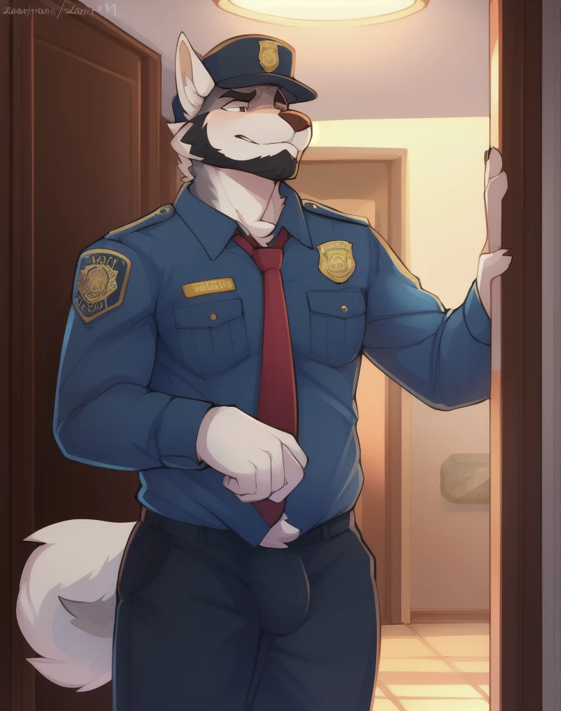 Drawn by bigcozyorca , fat wolf masculine cute body wearing a security guard uniform patrolling an building alone by himself, grumpy guy, beard, fat masculine, furry wolf dude, security guard, black necktie, big, facial hair, smooth drawing, clean art, by zackarry911, by zaush, in uniform, in security guard uniform, has a subtle bulge