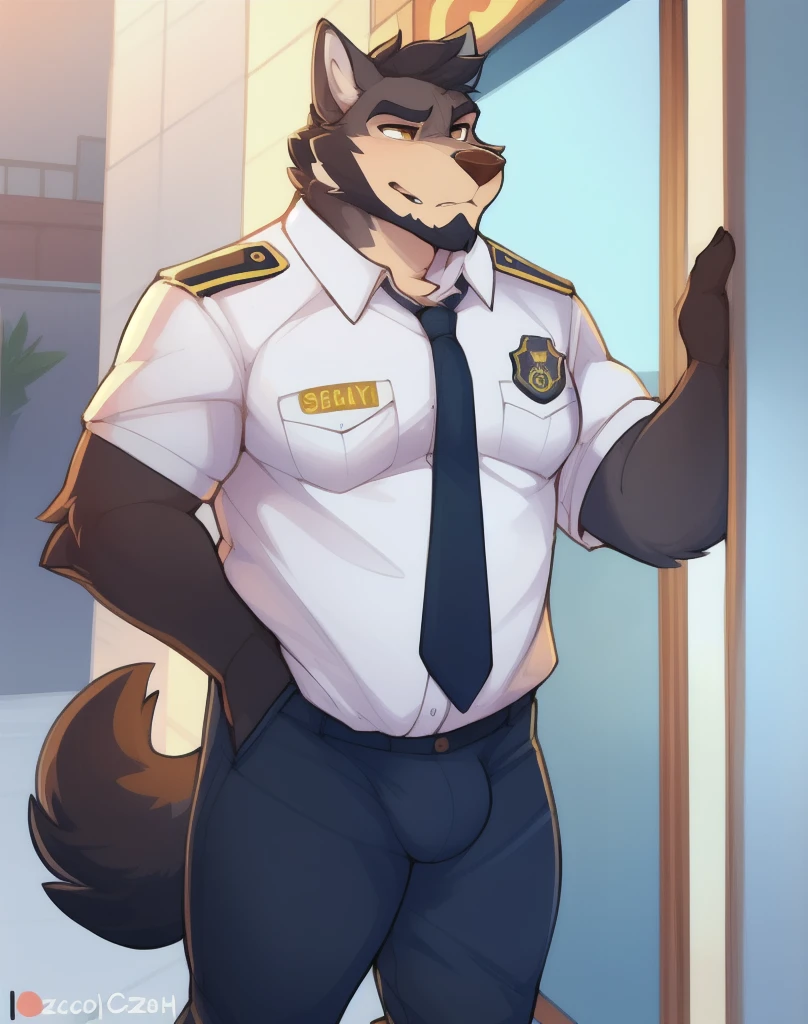 Drawn by bigcozyorca , fat wolf masculine cute body wearing a security guard uniform patrolling an building alone by himself, grumpy guy, beard, fat masculine, furry wolf dude, security guard, black necktie, big, facial hair, smooth drawing, clean art, by zackarry911, by zaush, in uniform, in security guard uniform, has a subtle bulge