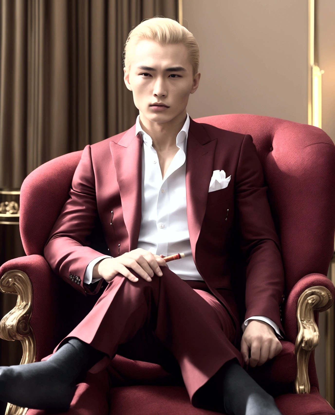 ４ｋ、Super Resolution、More realistic、Mafia Boss、Russian women、Blonde、Burn scars on the right side of his face、Red bean-colored suit、sitting with one&#39;s legs crossed in a plush chair、
He has a cigarette in his right hand、