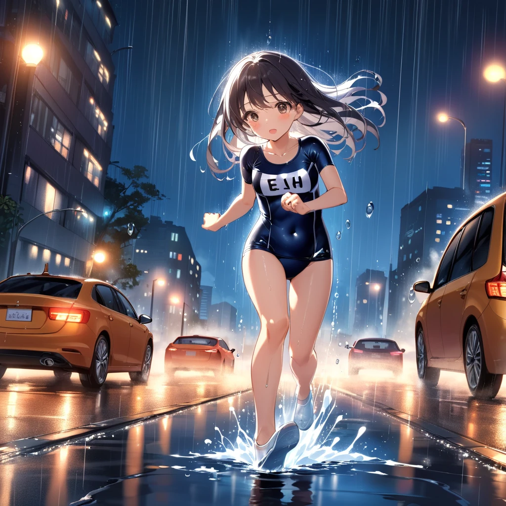 dynamic angle, ultra detailed cute moe anime, In the night city, under the dim glow of streetlights, a torrential downpour is falling heavily. Puddles form, and the roads flow like rivers. Amidst this, a girl in a (school swimsuit:1.3) is sprinting with all their might. The rain hits her skin, enveloping her in a cold embrace. Her hair is soaked, and water droplets stream down her face. The lights from surrounding buildings and cars reflect off the rain.