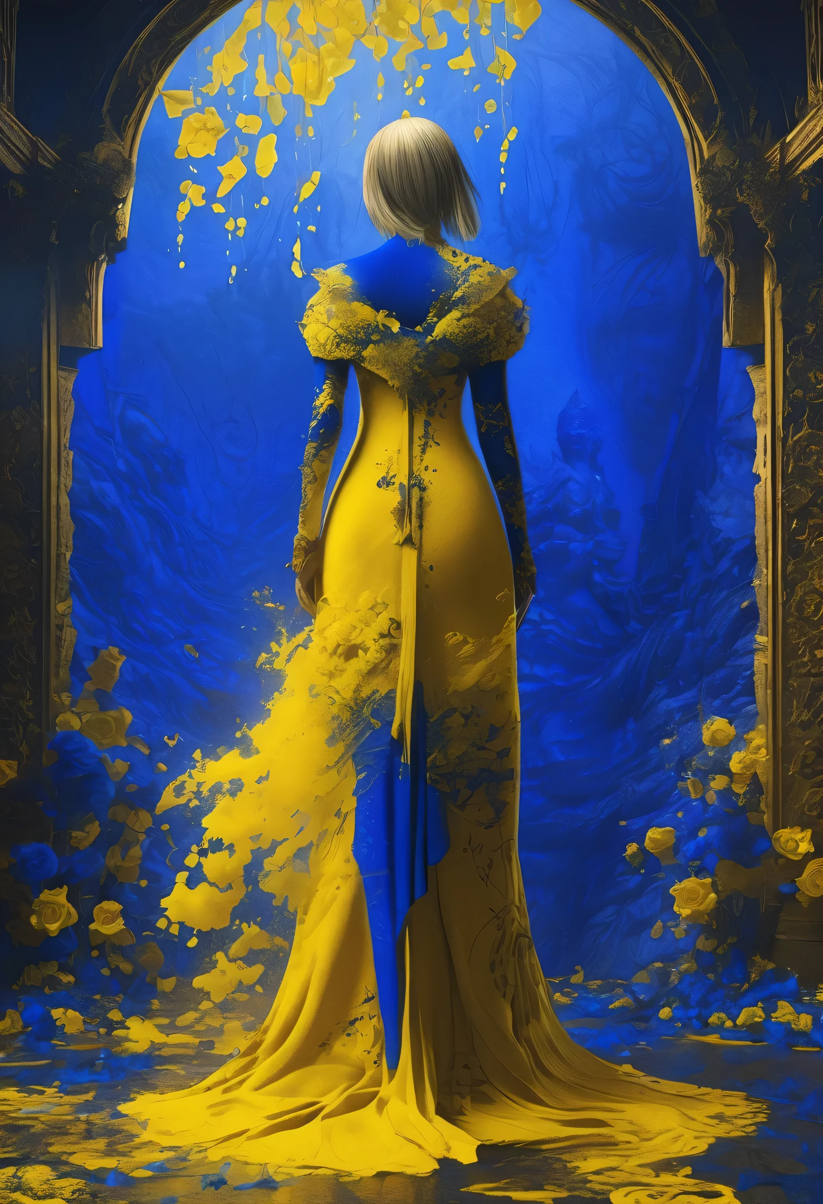 Rainsing hell, Nier Automata characters, blue and yellow, royal blue and golden yellow, 4D, 8K, photorealistic, dreamlike, silhueta de de vestido vista de bem longe, big and complex composition, masterpiece, artwork by Beksinski, artwork by Bernie Wrightson