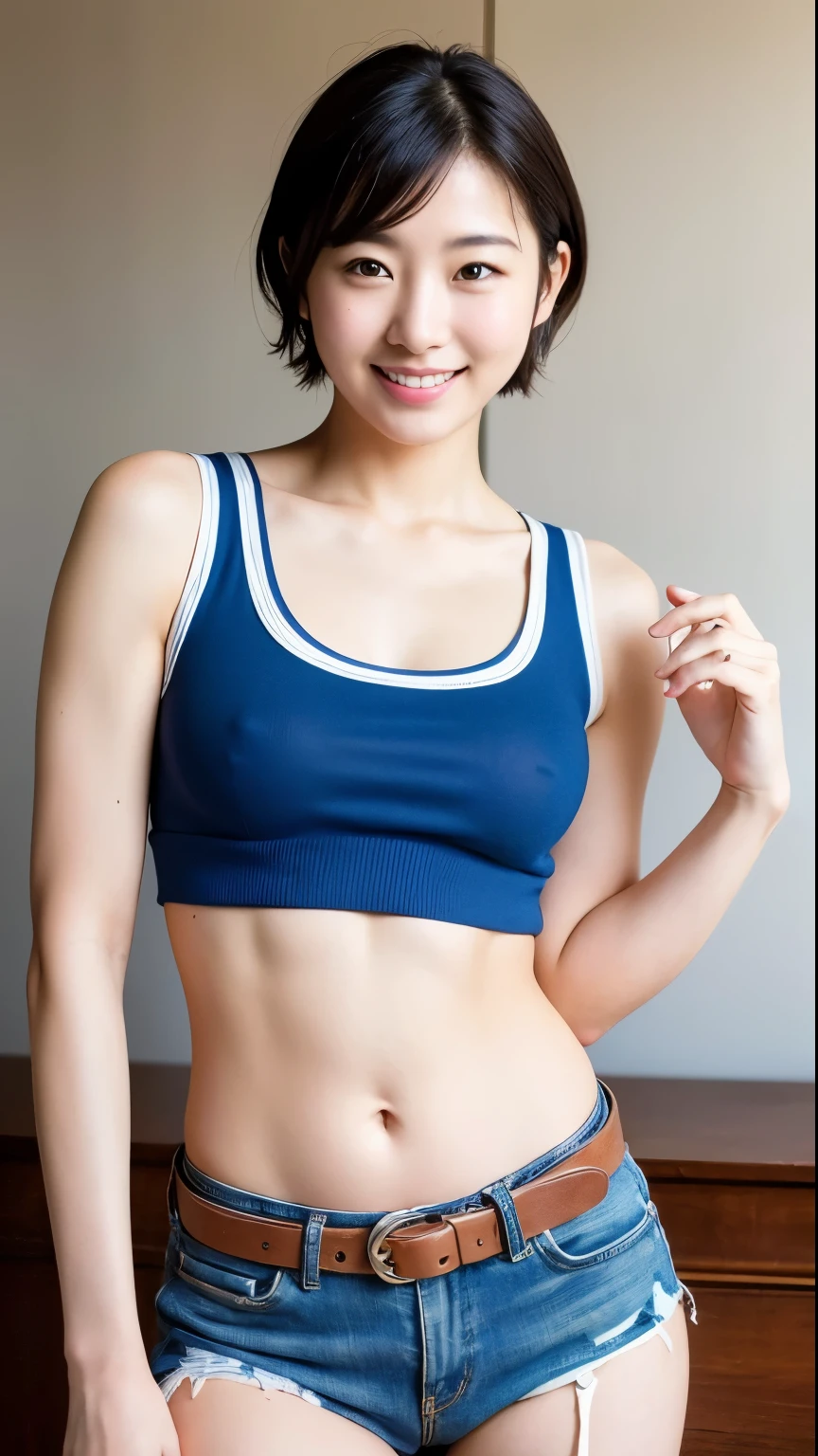 (Highest quality, 8k, 32K, masterpiece, Hmm..:1.2),Beautiful Japanese Women Photos, Super Short Hair,Cowboy Shot,Thighs、Tank top, Looking at the audience,young、Sunburned skin、Big smile、Very good、belly button、Large Breasts、Detailed face、Detailed eyes、Random age between 18 and 35
