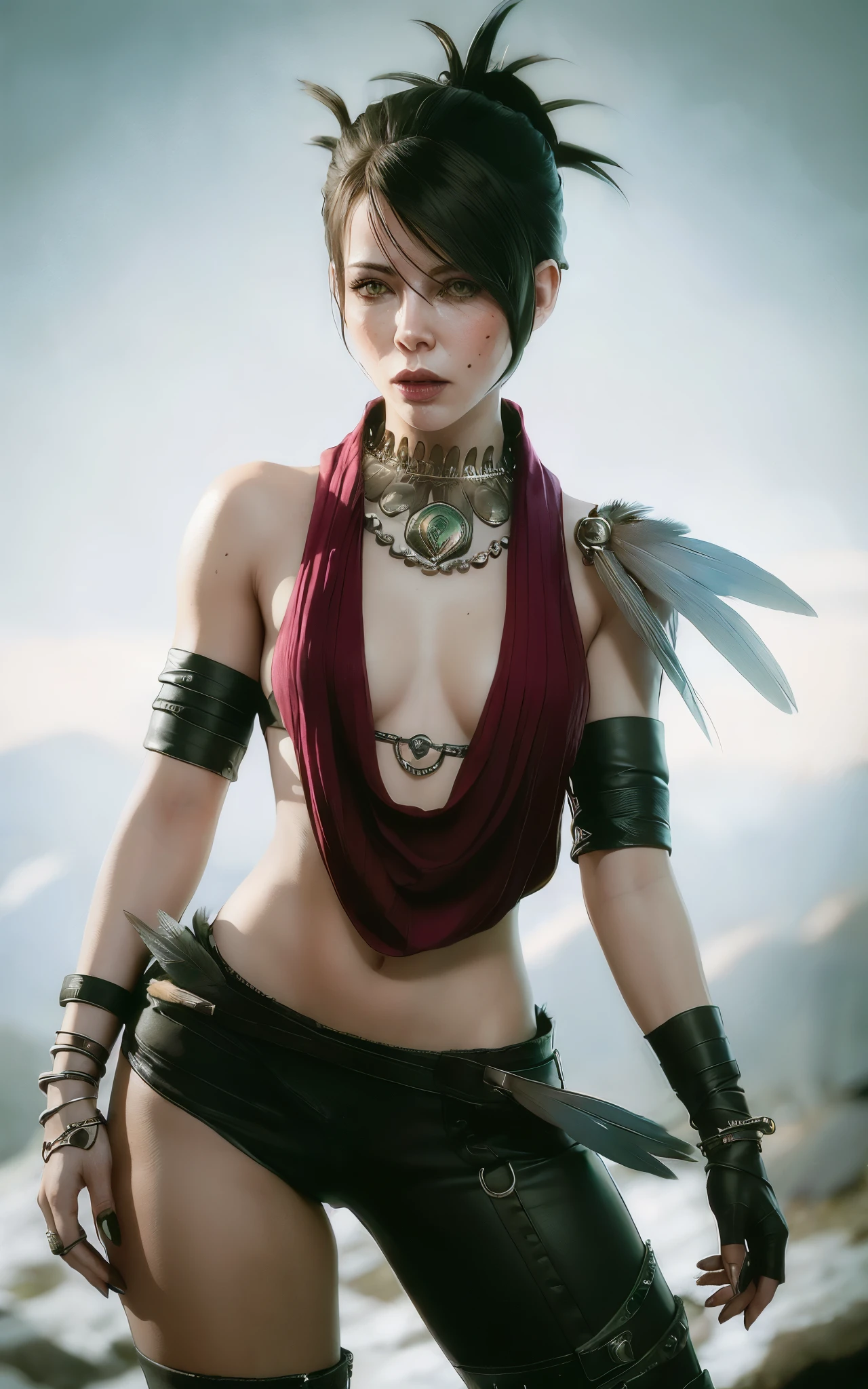 (masterpiece, best quality) realistic version of
MorriganDA, face of (Kate Beckinsale:Evangeline Lilly) 1girl, solo,, looking at viewer, short hair, black hair, gloves, jewelry, yellow eyes, small breasts, fingerless gloves, necklace, hair bun, nail polish, bracelet, lips, fingernails, makeup, glowing, single hair bun, feathers, lipstick, staff, pale skin, black nails, armlet, long fingernails, realistic, nose, magic