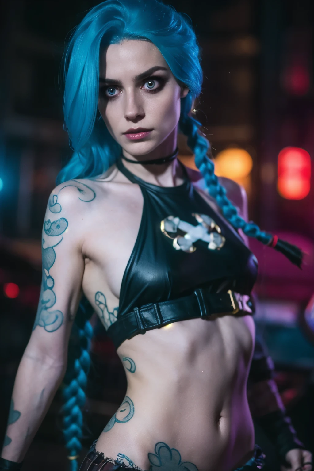 Hyper realistic super detailed Jinx cosplay , Young girl, ************, Very detailed, (hyper realistic: 1.4), in dynamic pose, angry face, twin braids, long hair, blue hair, red eyes, tattooed arm , ((angry face)), arcane style. ((Grunge Neon grafitti background, smoke, cinematic lighting)).