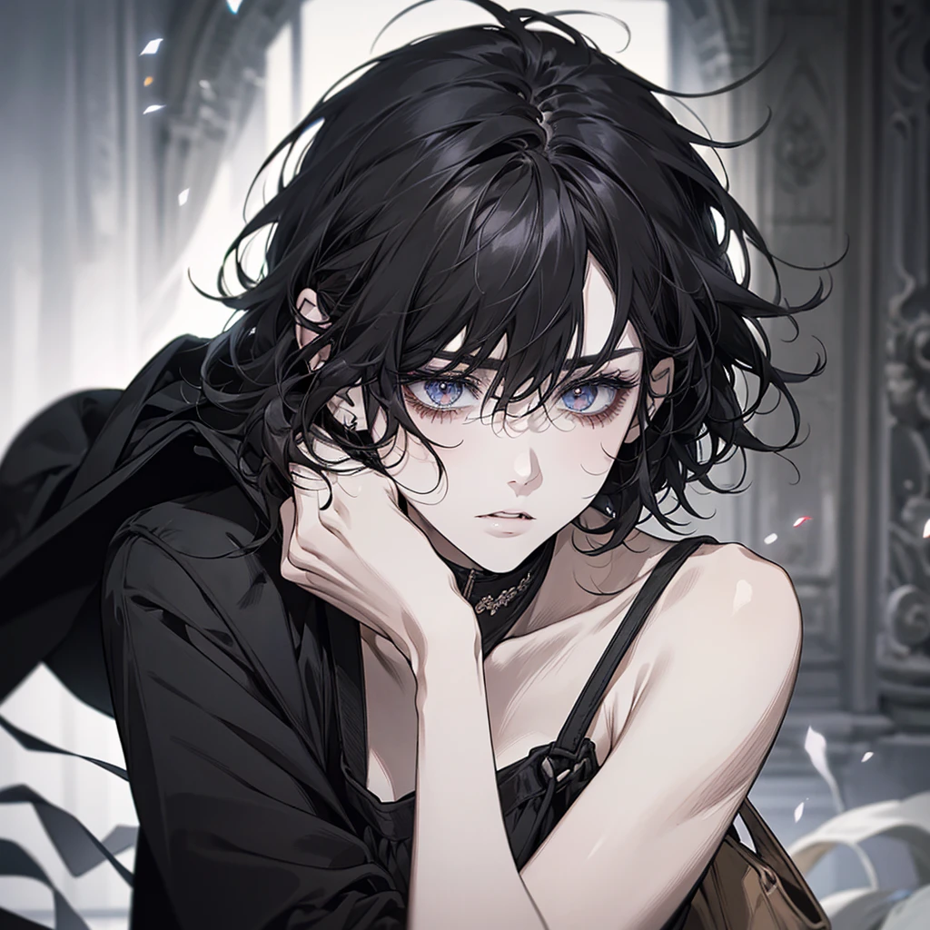 wavy short hair, black hair, {{{bags under eyes}}}, skinny, Pale skin, sharp face, hair between eyes, black eyes, tired, messy hair, sconstricted pupils, priest, 1adult