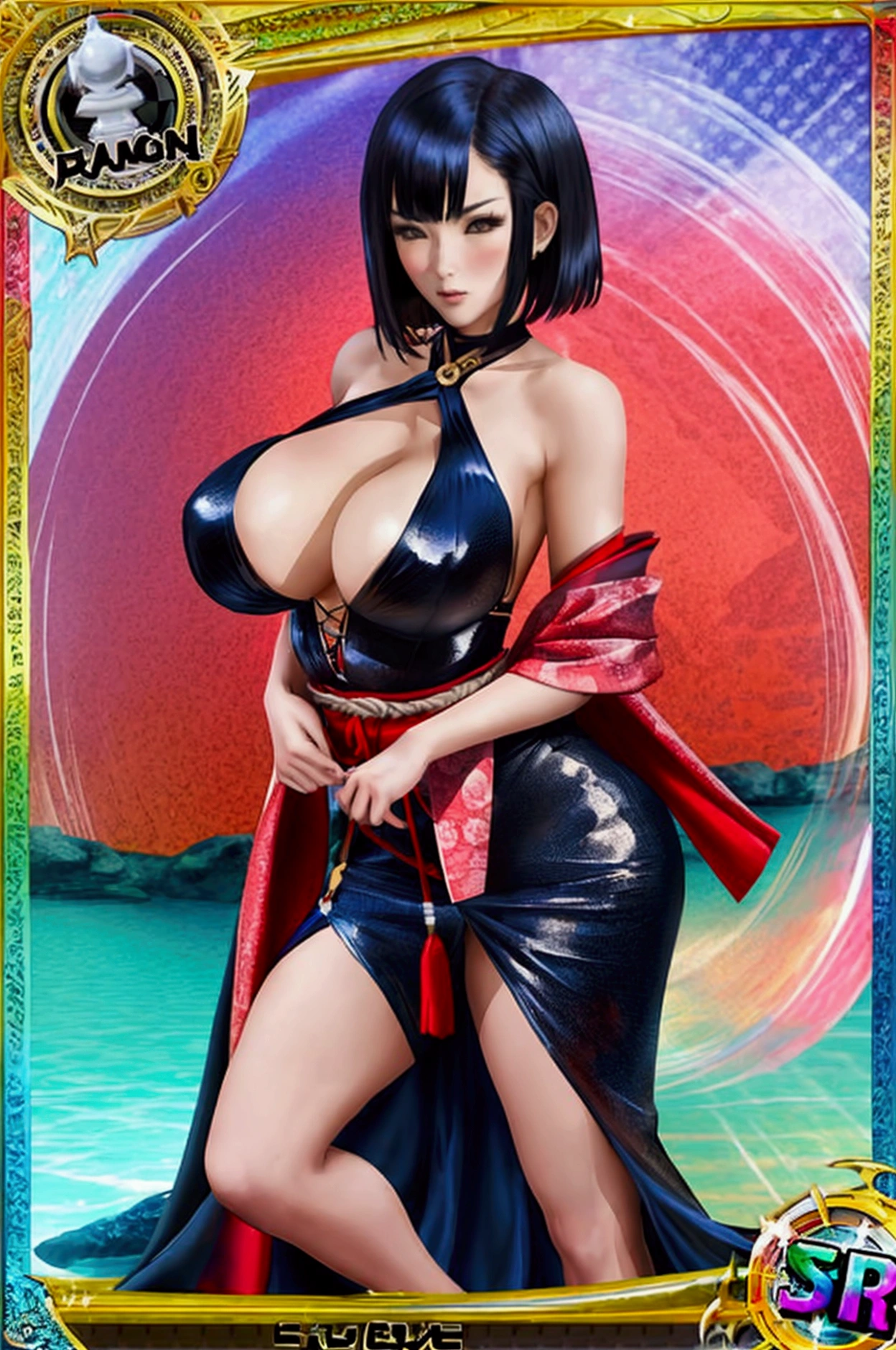 trading card of Samurai, sexy pose, big breasts, adjust dress, short hair