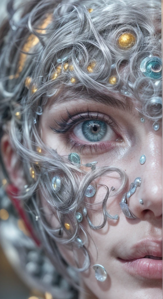 Photorealistic, (close up:1.3, exposed face), masterpiece、High-resolution 8K、colorful lights、sharp focus、detailed skin、top quality、Ultra-high definition、Ultra A high resolution、Extremely detailed、(detailed face and eyes、(face:1 2)、green eyes、almond eye)、(intricate metal embroidery on face)、(venomous、shiny lips) 、serius, realistic portrait, smooth photorealistic, perfect visual of a cute girl, cute girl with skinice soft face, face focus, makoto shinkai and artgerm, photon mapping, natural light, warm color tones, vivid colors, cool ambient, foggy atmosphere
