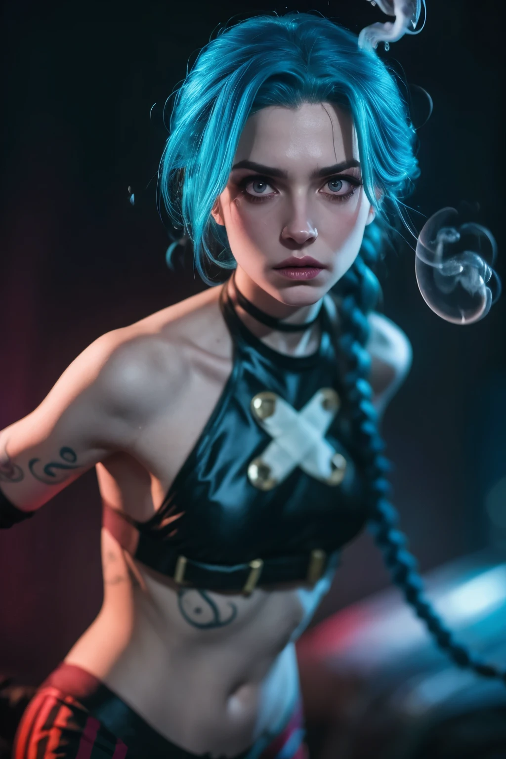 Hyper realistic super detailed Jinx cosplay , Young girl, 15 years old, Very detailed, (hyper realistic: 1.4), in dynamic pose, angry face, twin braids, long hair, blue hair, red eyes, tattooed arm , ((angry face)), arcane style. ((Grunge Neon grafitti background, smoke, cinematic lighting)).